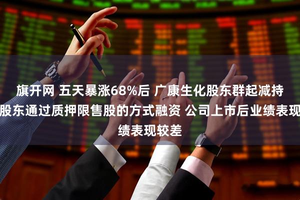 旗开网 五天暴涨68%后 广康生化股东群起减持！有股东通过质押限售股的方式融资 公司上市后业绩表现较差